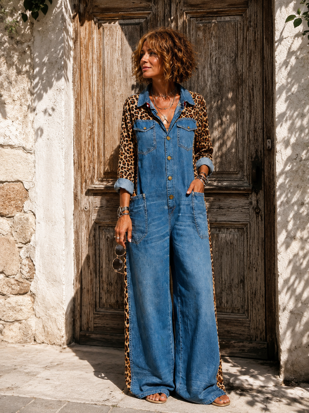 Annalise - Denim-Jumpsuit mit weitem Bein und Leoparden-Einsätzen