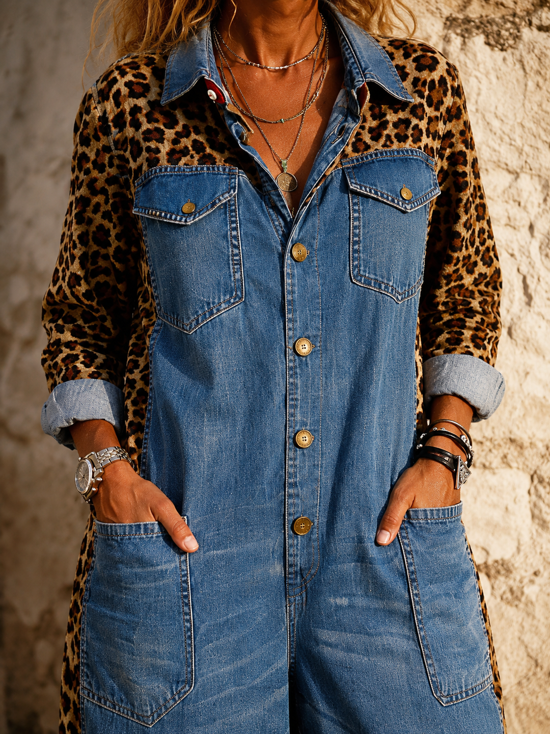 Annalise - Denim-Jumpsuit mit weitem Bein und Leoparden-Einsätzen