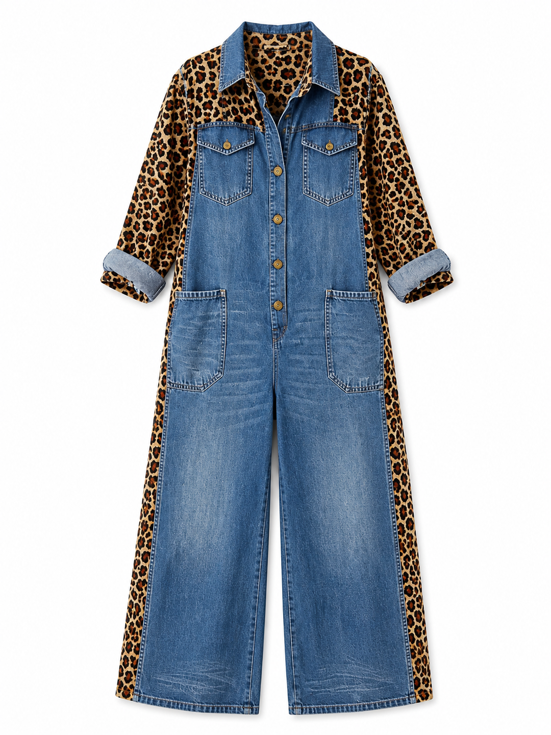 Annalise - Denim-Jumpsuit mit weitem Bein und Leoparden-Einsätzen