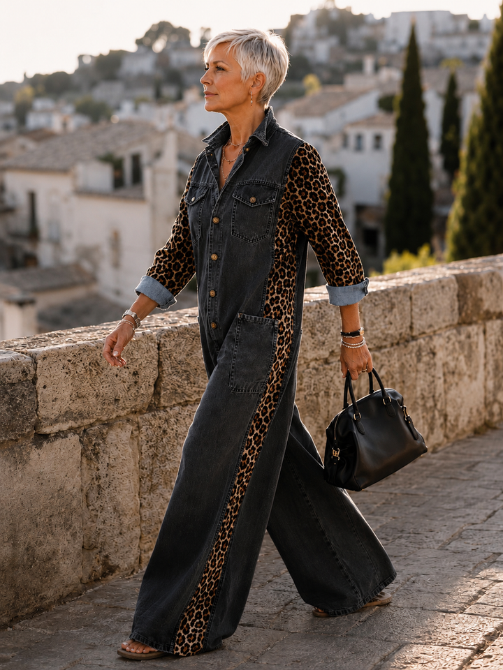 Annalise - Denim-Jumpsuit mit weitem Bein und Leoparden-Einsätzen