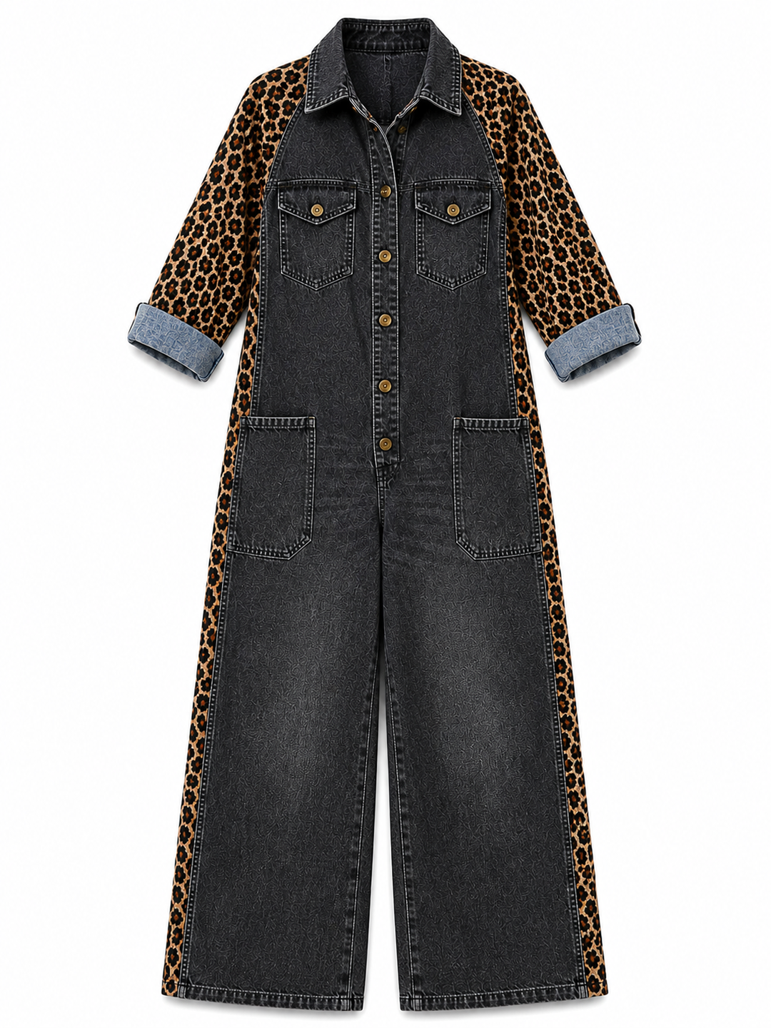Annalise - Denim-Jumpsuit mit weitem Bein und Leoparden-Einsätzen