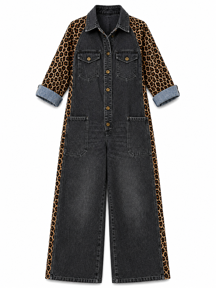 Annalise - Denim-Jumpsuit mit weitem Bein und Leoparden-Einsätzen