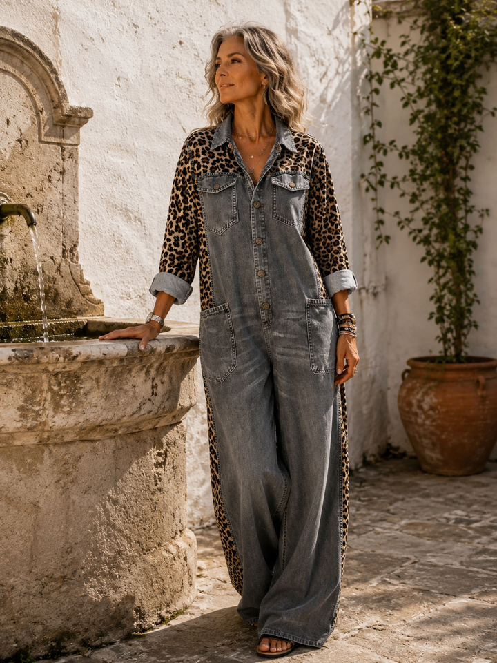 Annalise - Denim-Jumpsuit mit weitem Bein und Leoparden-Einsätzen