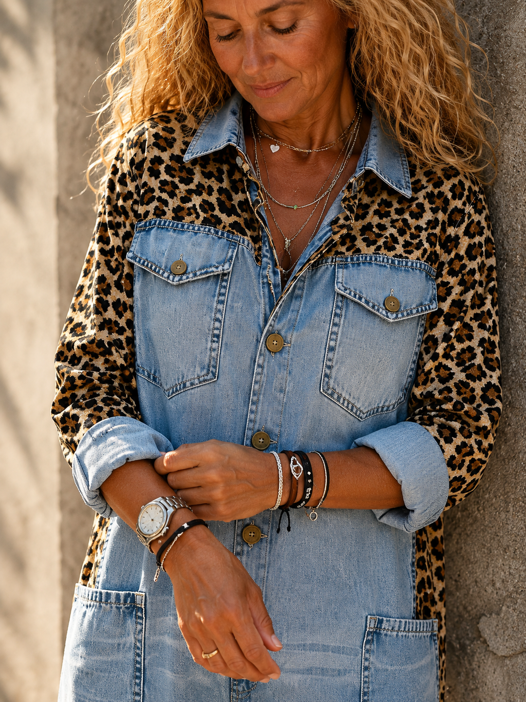Annalise - Denim-Jumpsuit mit weitem Bein und Leoparden-Einsätzen
