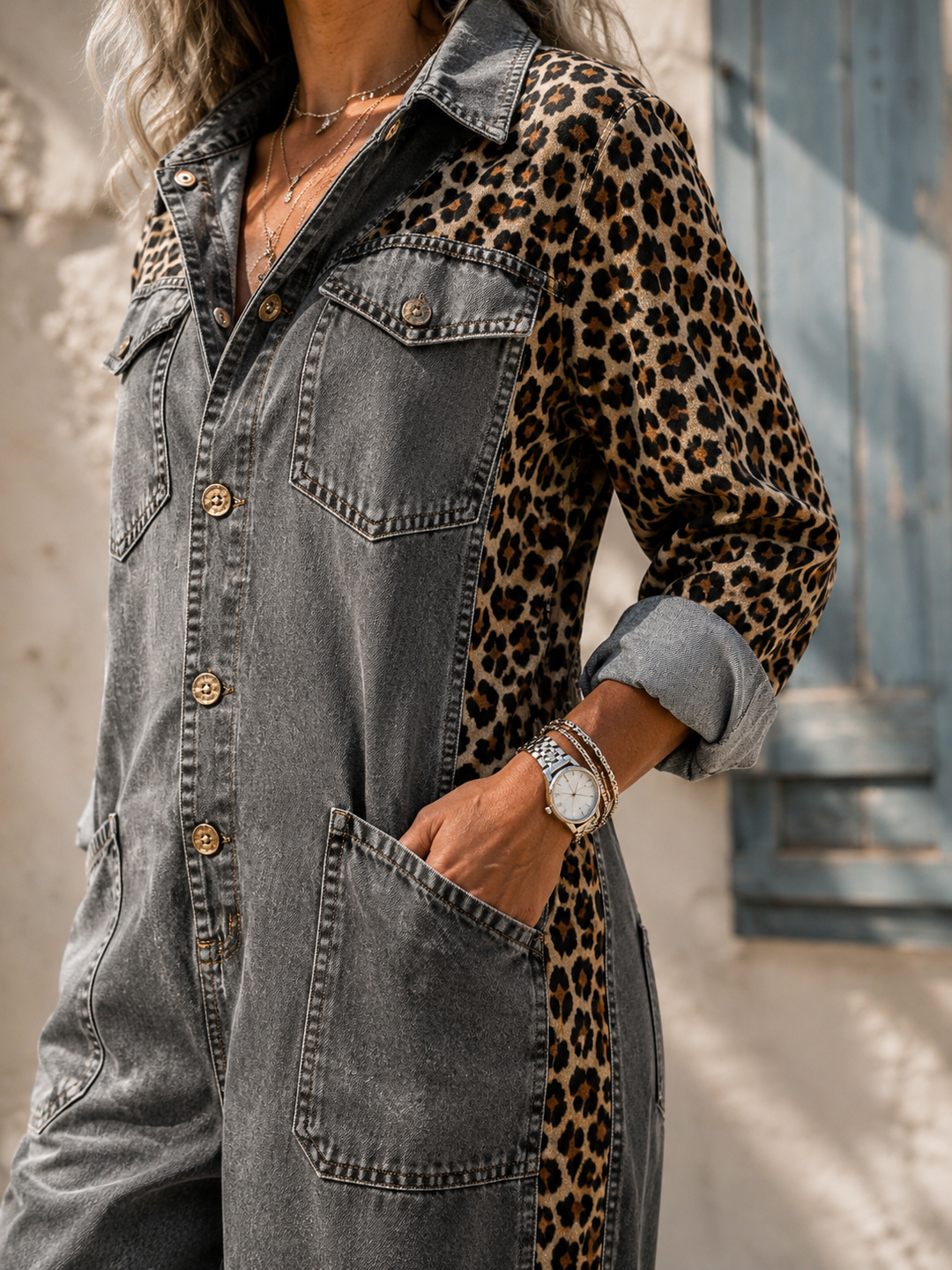 Annalise - Denim-Jumpsuit mit weitem Bein und Leoparden-Einsätzen