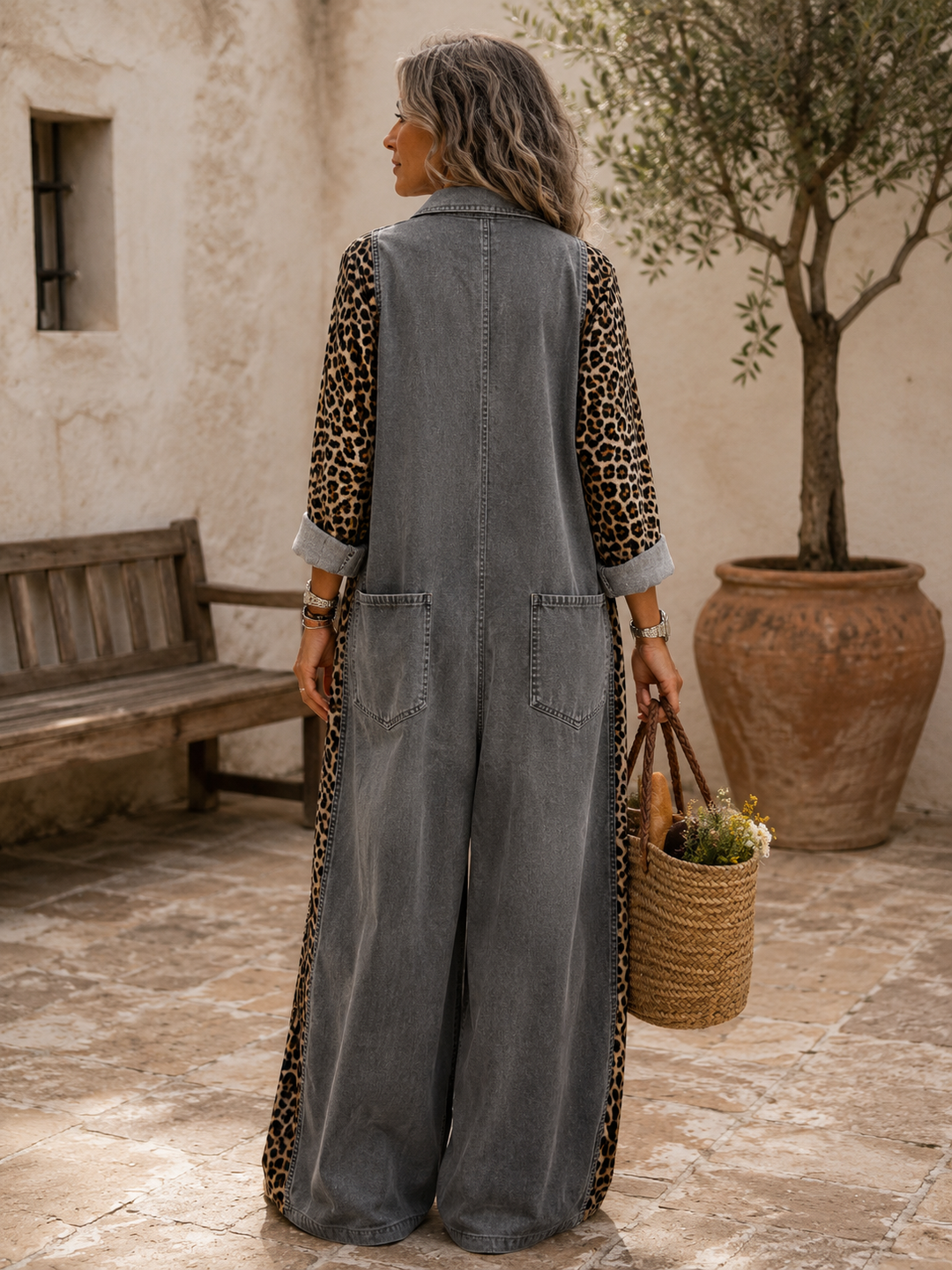 Annalise - Denim-Jumpsuit mit weitem Bein und Leoparden-Einsätzen