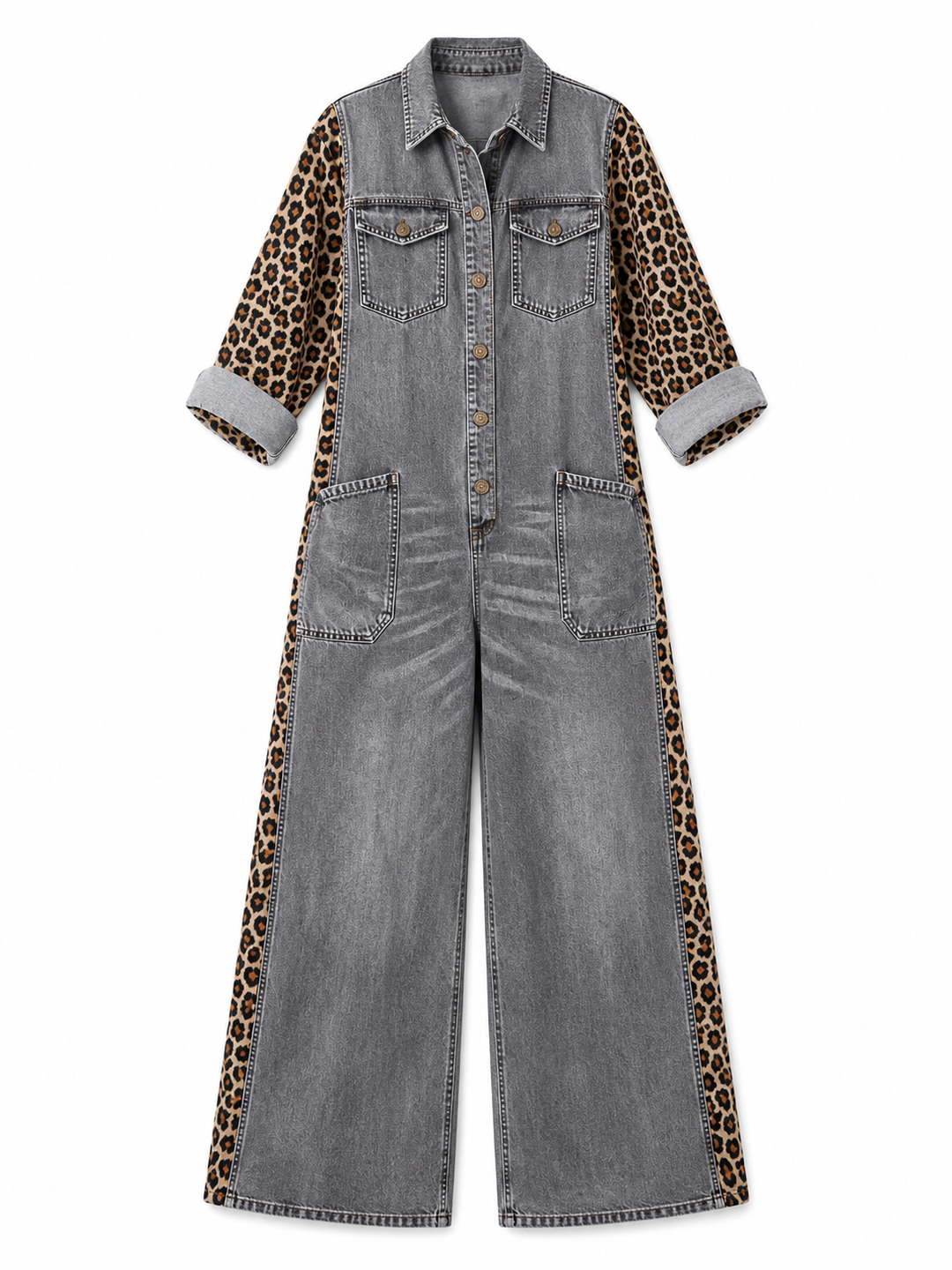 Annalise - Denim-Jumpsuit mit weitem Bein und Leoparden-Einsätzen