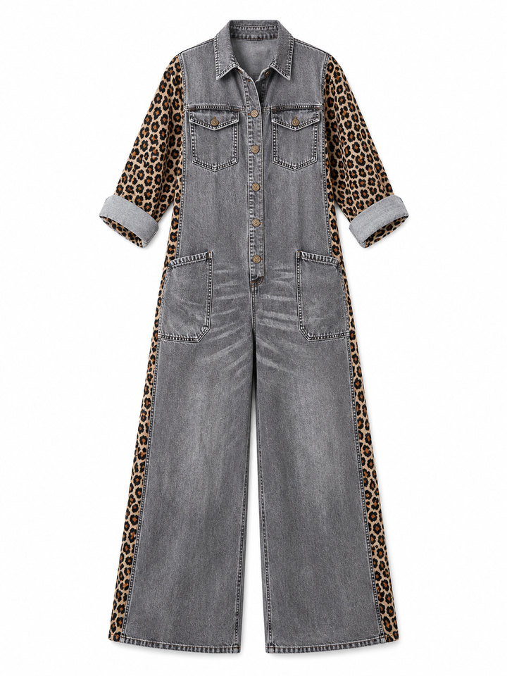 Annalise - Denim-Jumpsuit mit weitem Bein und Leoparden-Einsätzen