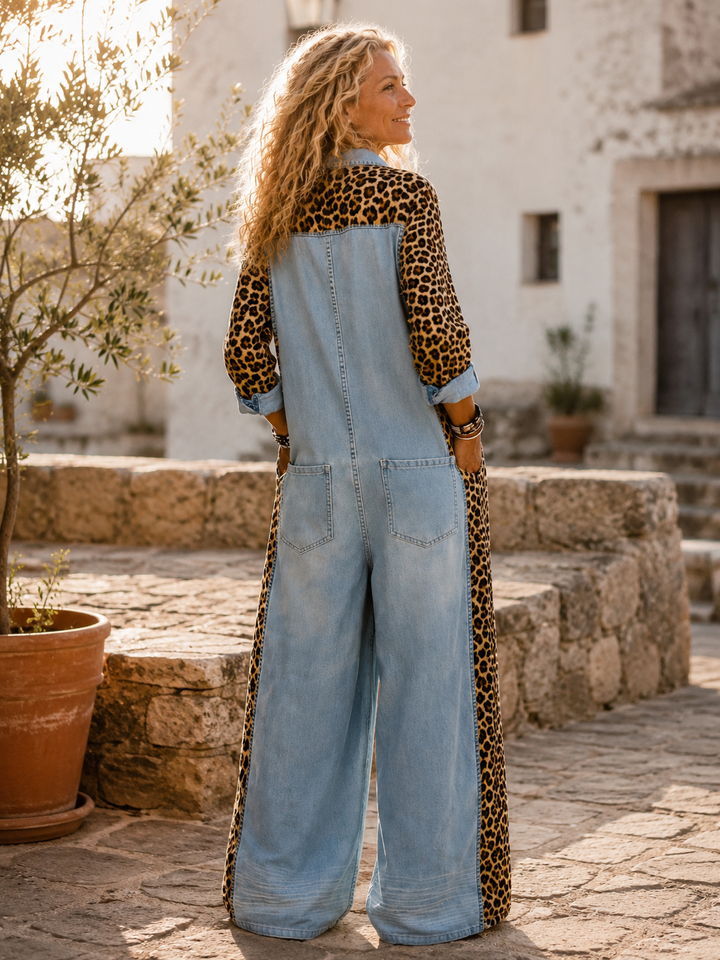 Annalise - Denim-Jumpsuit mit weitem Bein und Leoparden-Einsätzen