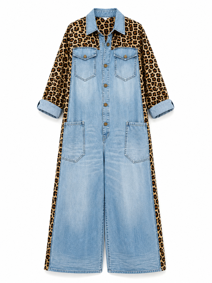Annalise - Denim-Jumpsuit mit weitem Bein und Leoparden-Einsätzen