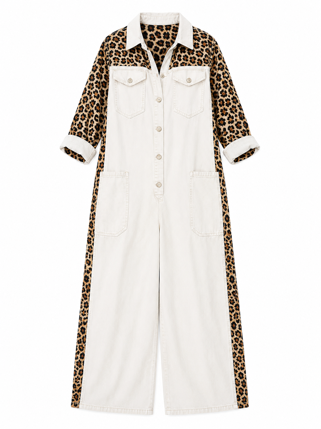 Annalise - Denim-Jumpsuit mit weitem Bein und Leoparden-Einsätzen