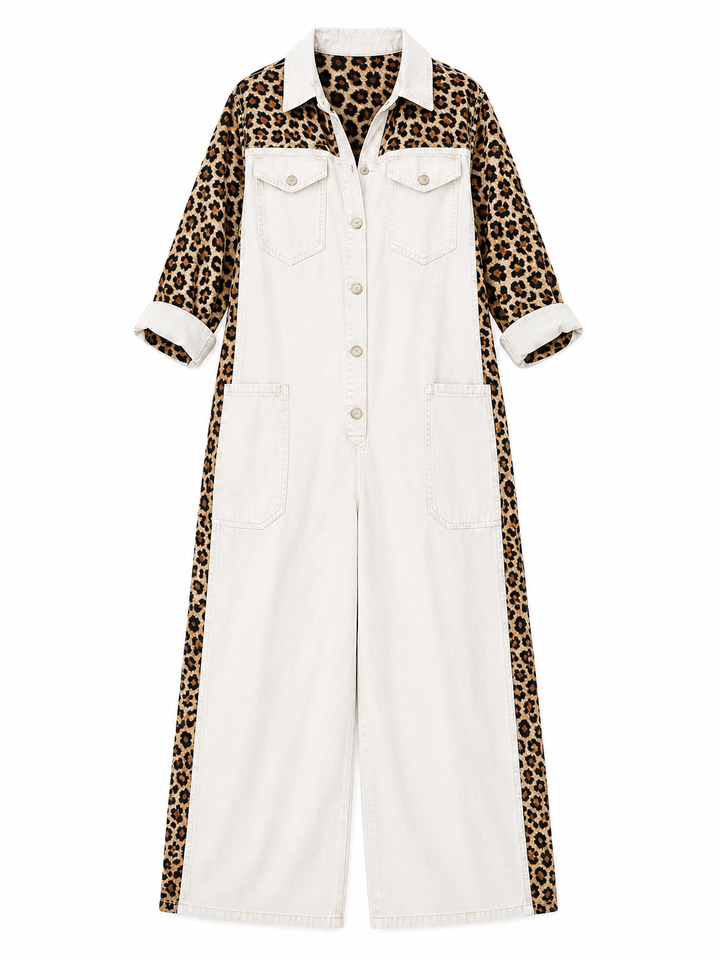 Annalise - Denim-Jumpsuit mit weitem Bein und Leoparden-Einsätzen