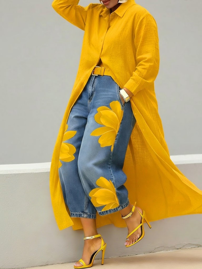 Rhona - Set aus Hemd mit Knopfleiste und bedruckter Jeans