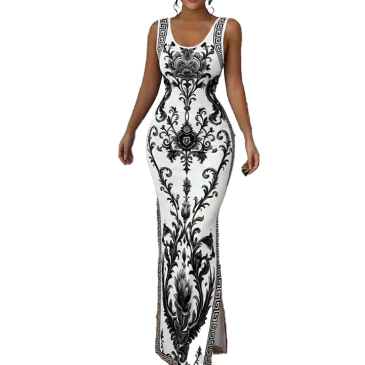Marcella - Maxikleid mit Porzellan-Print und seitlichem Schlitz